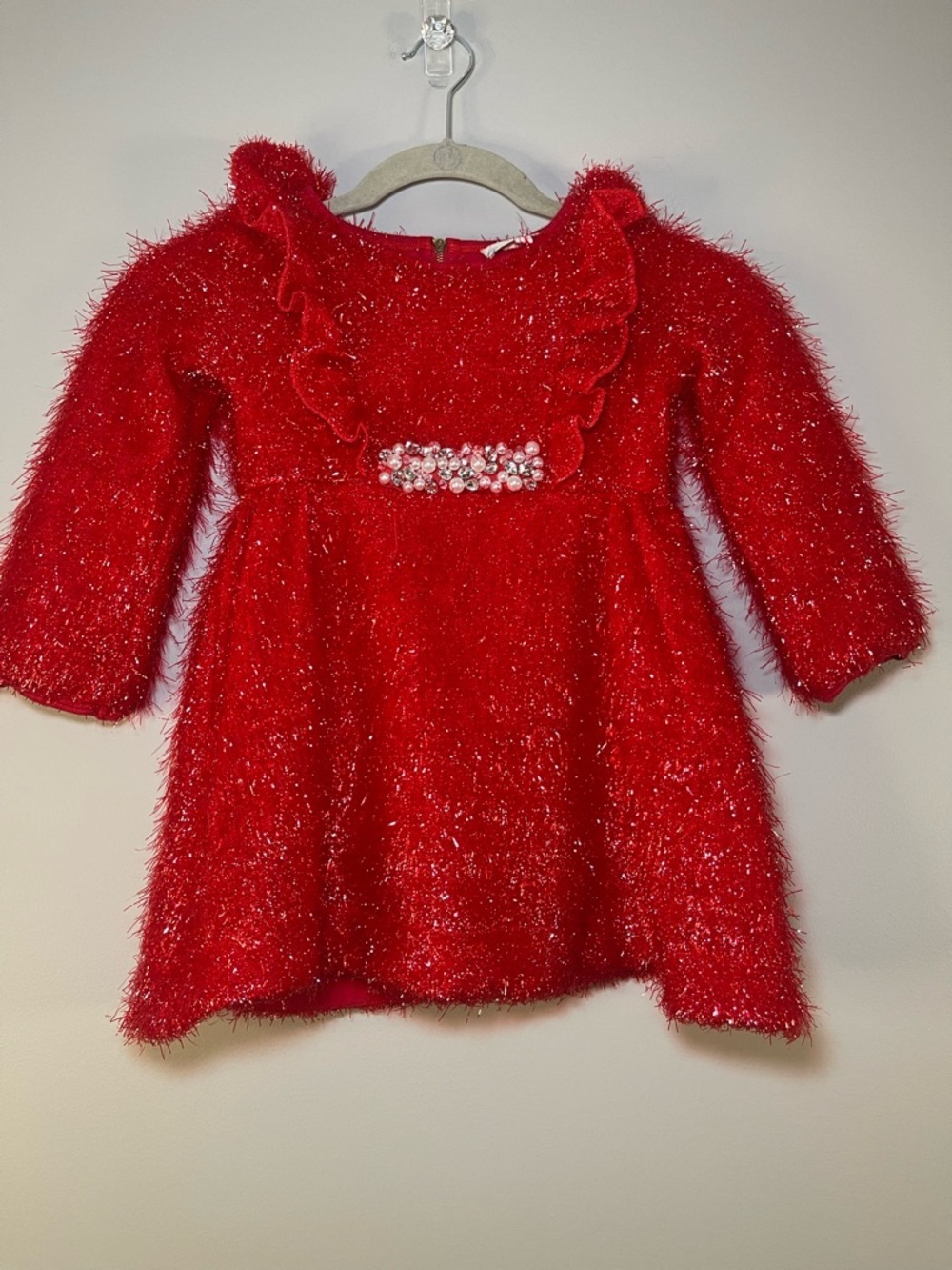 Truly Me Red Sparkle Textured Dress with Ruffle Bib